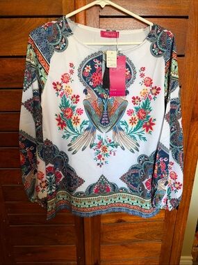Kim Rogers White Long-Sleeve Parrot & Floral Print Top